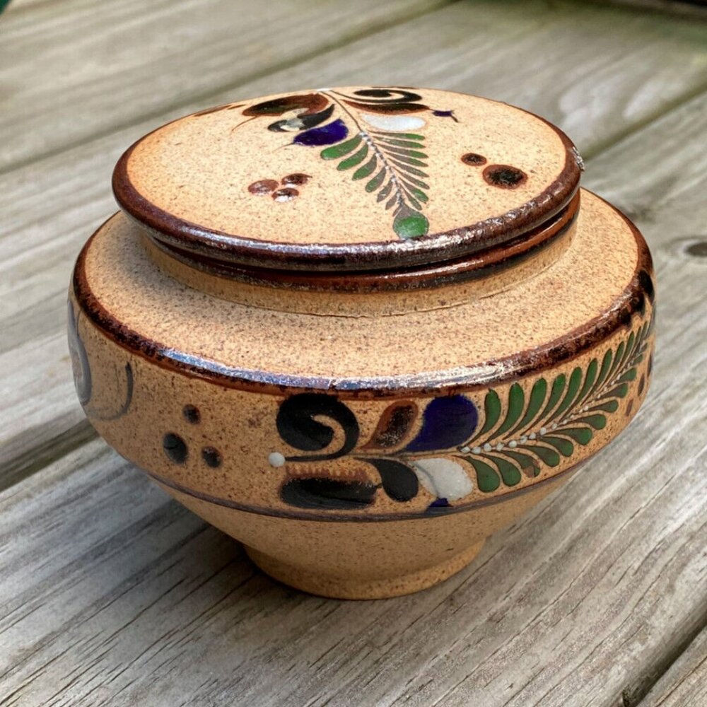 Pottery Hand Painted Mexican Stoneware Tonala Trinket Dish w/Lid Vintage
